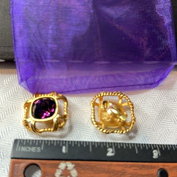 Swarovski Crystals Earrings clip-on vintage amethyst gold rope trim - Picture 4 of 6